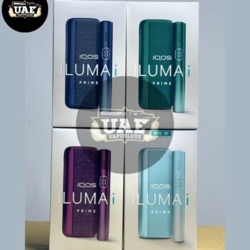 Vaporesso IQOS ILUMA PRIME devices in UAE – dark blue, green, purple, and light blue color variants with iTank design, premium tobacco heating system packaging.