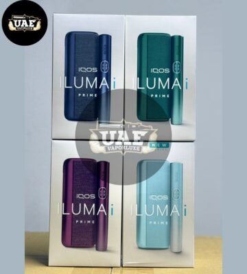 Vaporesso IQOS ILUMA PRIME devices in UAE – dark blue, green, purple, and light blue color variants with iTank design, premium tobacco heating system packaging.
