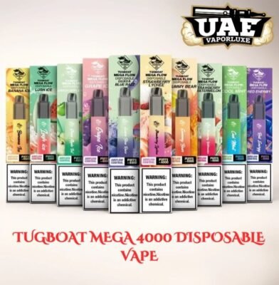 TugBoat Mega 4000 Puffs Disposable Vape in UAE – 4000 puffs, 1200mAh battery, 5% nicotine, multiple flavors like Green Apple Ice and Banana Ice