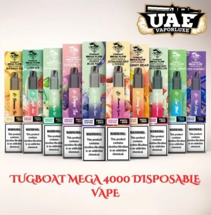 “Tugboat Mega 4000 Disposable Vape in UAE – 4000 puffs, 1200mAh battery, 5% nicotine, multiple flavors like Green Apple Ice and Banana Ice