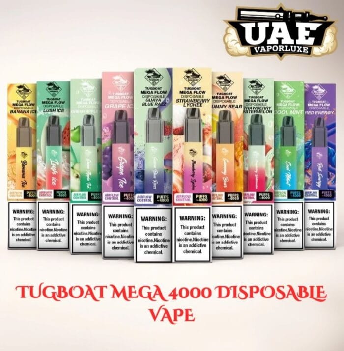 “Tugboat Mega 4000 Disposable Vape in UAE – 4000 puffs, 1200mAh battery, 5% nicotine, multiple flavors like Green Apple Ice and Banana Ice