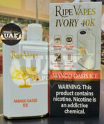 Ripe Vapes Ivory 40K premium disposable vape in Mango Oasis Ice flavor, highlighting its dual mesh coil and 15W/45W dual power settings.