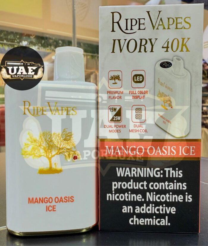 Ripe Vapes Ivory 40K premium disposable vape in Mango Oasis Ice flavor, highlighting its dual mesh coil and 15W/45W dual power settings.