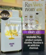 Ripe Vapes Ivory 40K disposable vape device in Grape Ice flavor, showing its full-color display, dual mesh coil, and 15W/25W power modes