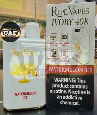 Ripe Vapes Ivory 40K vape device in Watermelon Ice flavor, showcasing its red LED light, dual mesh coil, and 15W/45W power modes.