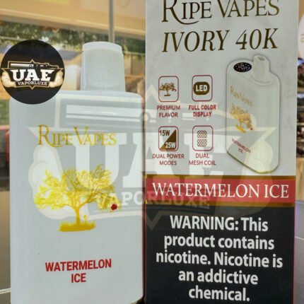 Ripe Vapes Ivory 40K vape device in Watermelon Ice flavor, showcasing its red LED light, dual mesh coil, and 15W/45W power modes.