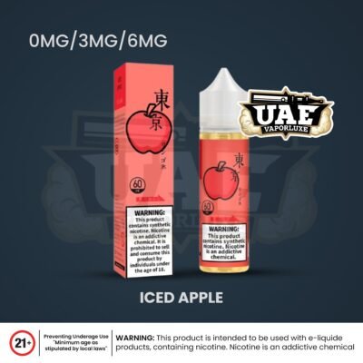 Tokyo Iced Apple 60ml vape e-liquid bottle and packaging, available in 0mg, 3mg, and 6mg nicotine.