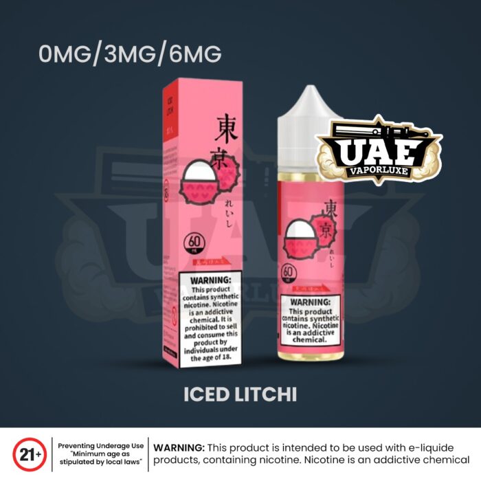 Tokyo Iced Litchi 60ml vape juice bottle and box with nicotine options 0mg, 3mg, and 6mg.