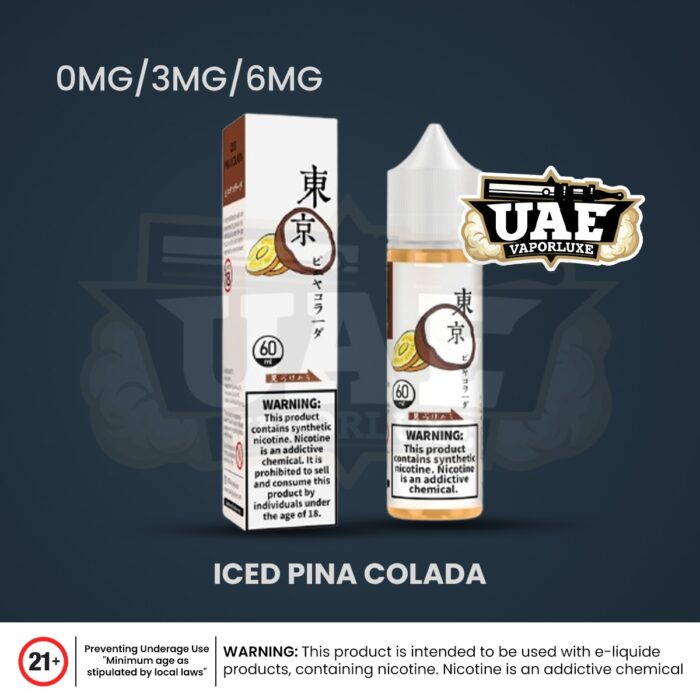 Tokyo Pina Colada 60ml vape juice bottle and box design with nicotine strengths 0mg, 3mg, and 6mg.