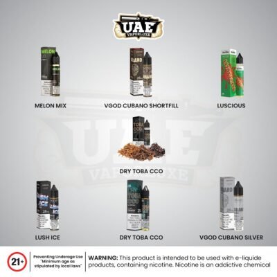 VGOD Salt Nic 30ml Vape Liquids UAE Collection – Blue Razz, Cherry Lime, Peach Mango Ice, Bubble Watermelon, Melon Mix, Lush Ice, Luscious, Cubano, Cubano Silver, and Dry Toba CCO Vape Juice 25mg/50mg