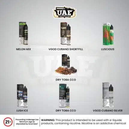 VGOD Salt Nic 30ml Vape Liquids UAE Collection – Blue Razz, Cherry Lime, Peach Mango Ice, Bubble Watermelon, Melon Mix, Lush Ice, Luscious, Cubano, Cubano Silver, and Dry Toba CCO Vape Juice 25mg/50mg