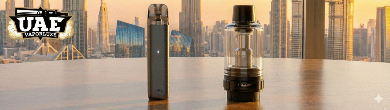 Eleaf IORE refillable pod kit next to an Innokin GoMax disposable vape tank