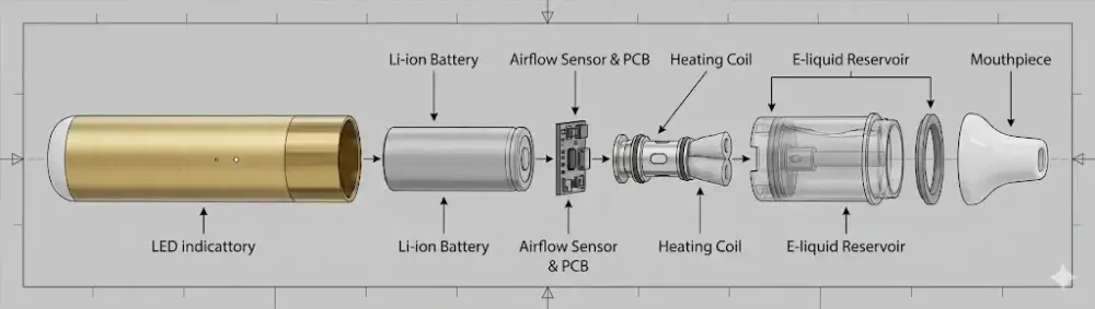 Diagram showing how a disposable vape works including battery and mesh coil components
