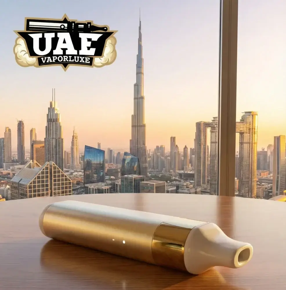 Modern disposable vape pen on a table in Dubai Marina with Burj Khalifa view